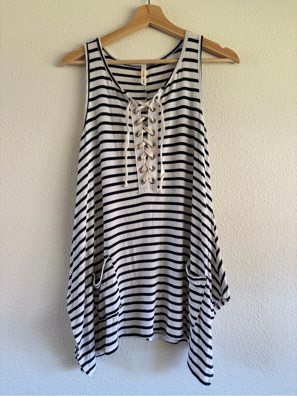 orange creek Black and White Striped Lace-Up Tank
